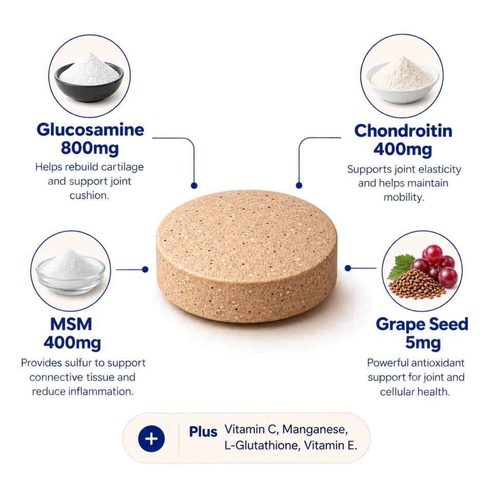What’s in the bottle: Glucosamine 800mg, Chondroitin 400mg, MSM 400mg, Grape Seed 5mg, plus Vitamin C, Manganese, L-Glutathione and Vitamin E.